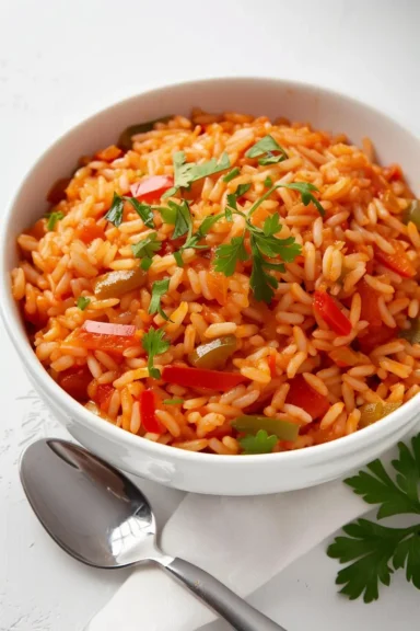 Flavorful tomatoes and rice garnished with fresh parsley in a white bowl.