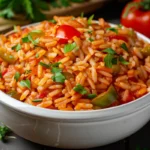 A bowl of tomatoes and rice garnished with parsley, placed on a white table.