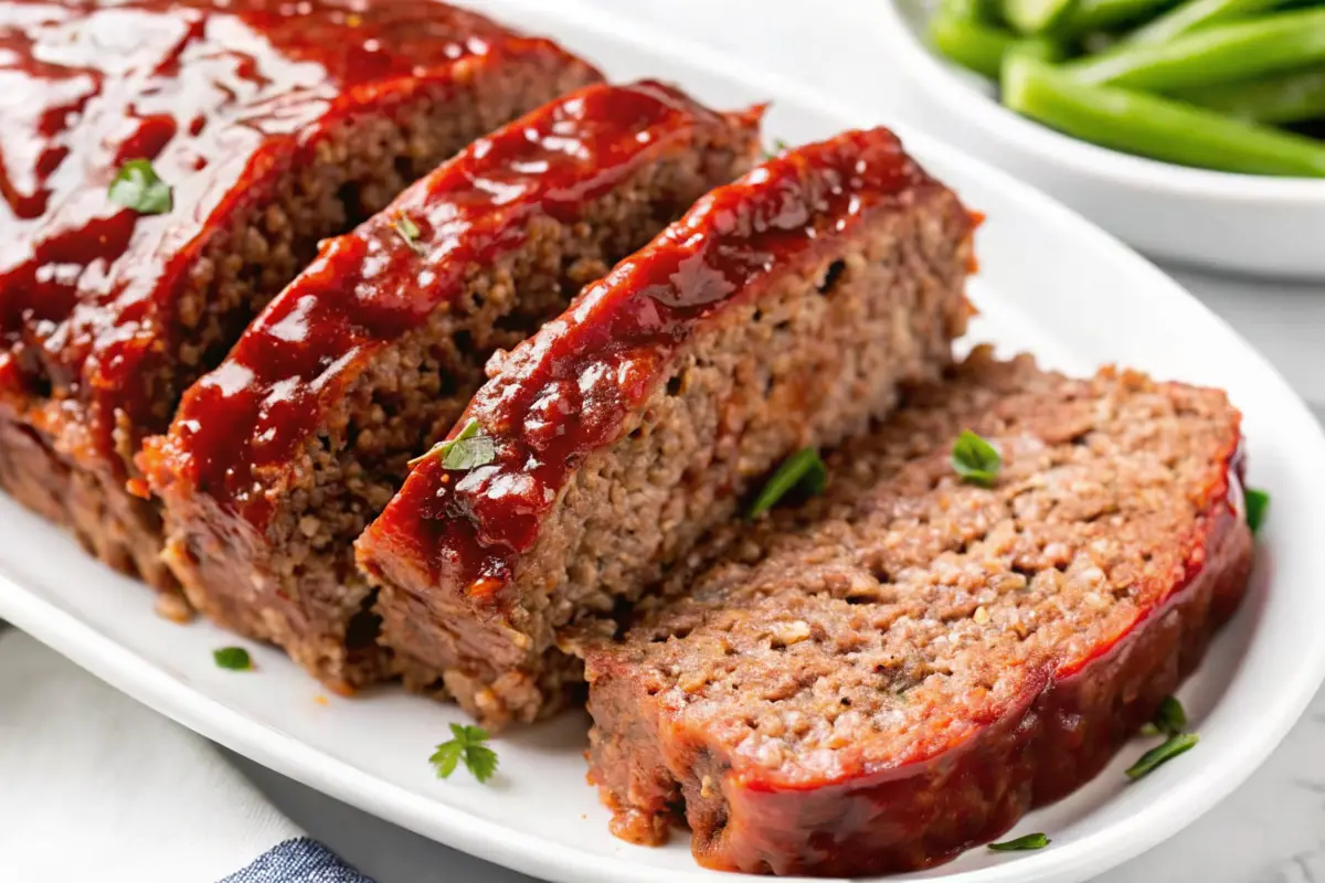 BBQ meatloaf outrageously flavorful with a glossy barbecue glaze, sliced and served on a white platter.