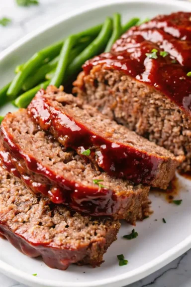 Sliced BBQ meatloaf outrageously flavorful with a rich, smoky glaze, served with fresh green beans on a white plate.