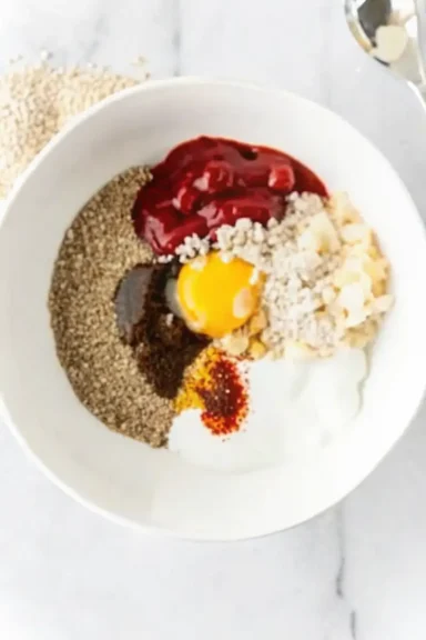 Ingredients for BBQ meatloaf outrageously flavorful, including egg, breadcrumbs, ketchup, and seasonings in a white mixing bowl.
