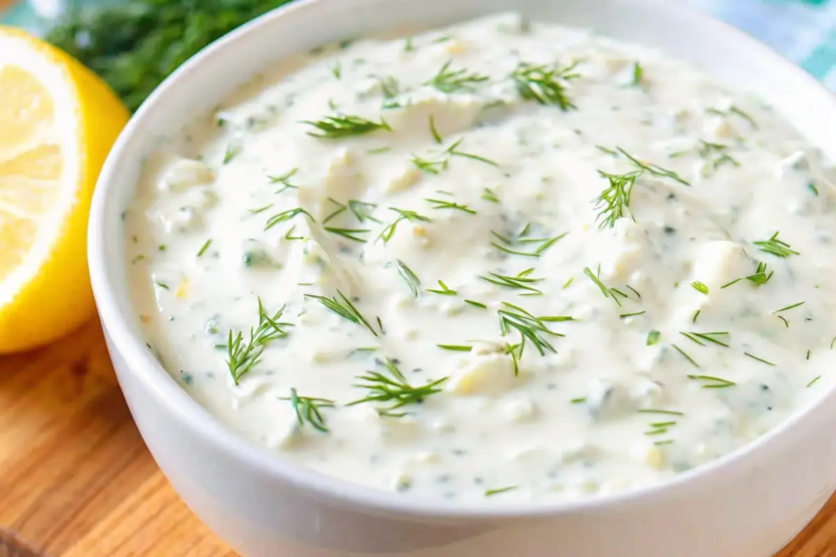 Close-up of creamy tartar sauce recipe with chopped dill in a white bowl next to a lemon half.
