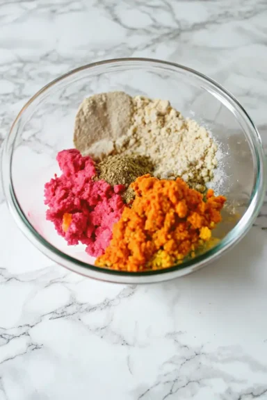 A glass bowl filled with colorful ingredients, including bright pink and orange mixtures, flour, and spices on a marble countertop.